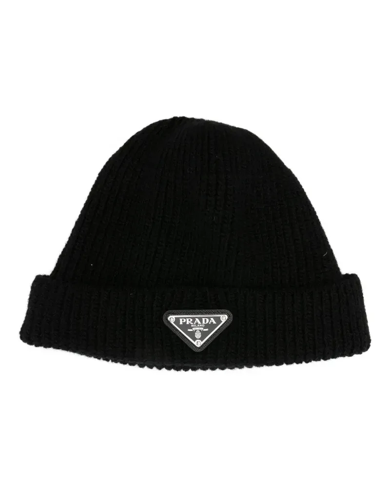 Prada Gerippte Beanie mit Logo-Schild - Schwarz Schwarz
