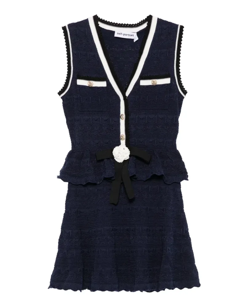 Self-Portrait bow-detail pointelle-knit mini dress - Blau Blau