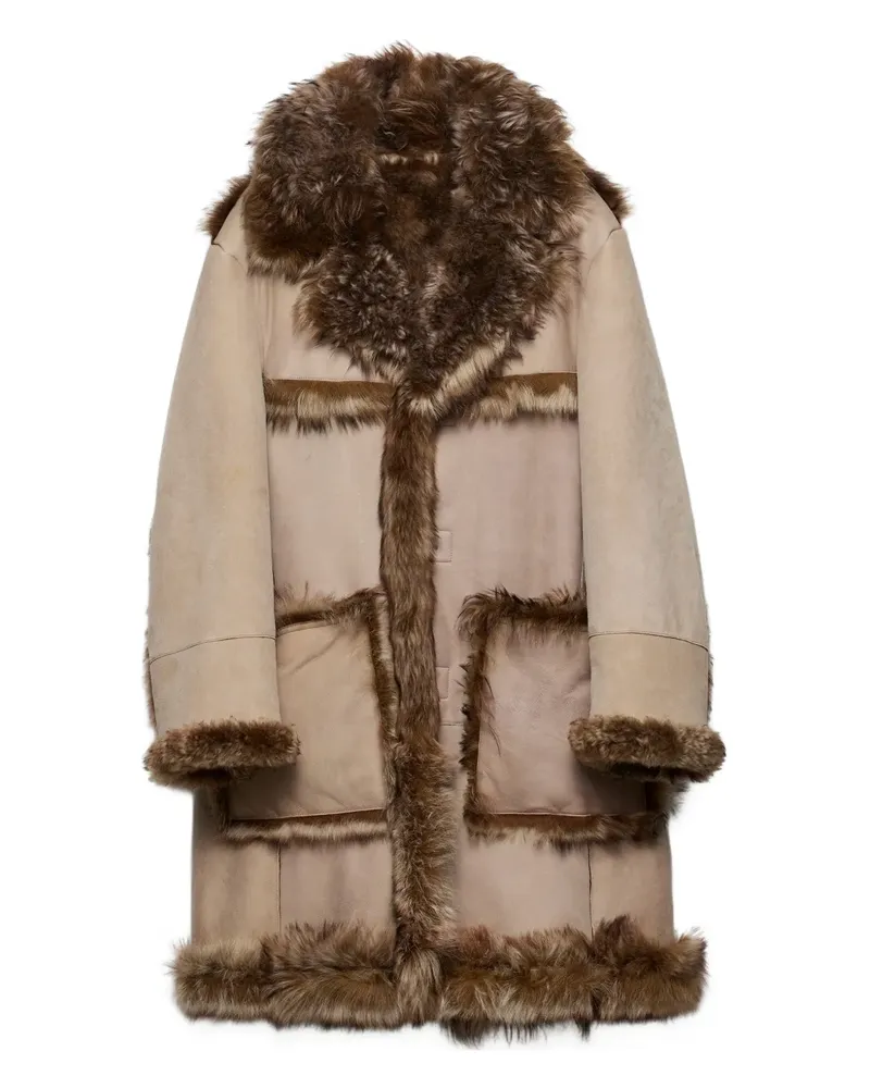 Prada Mantel mit aufgesetzten Taschen und Pelzbesatz - Nude Nude