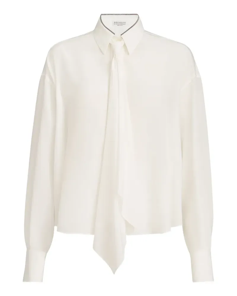 Brunello Cucinelli silk crêpe de Chine shirt with tie and shiny collar - Weiß Weiß