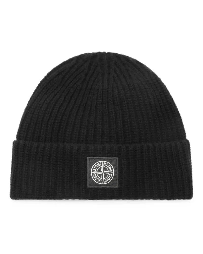 Stone Island Gerippte Beanie mit Logo-Patch - Schwarz Schwarz