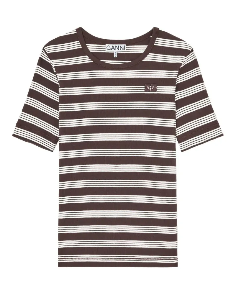 Ganni Gestreiftes T-Shirt mit Stickerei - Braun Braun