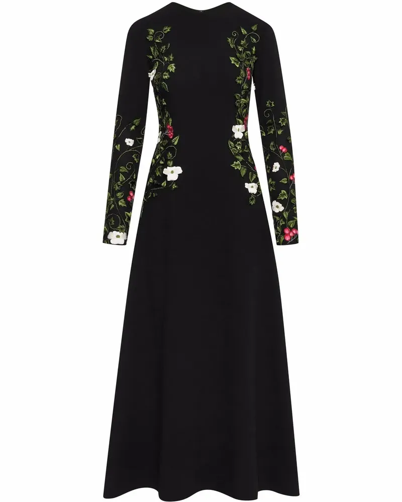 Oscar de la Renta Midikleid mit Blumenstickerei - Schwarz Schwarz