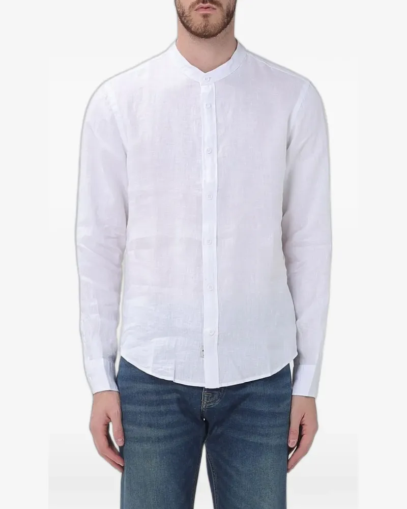 Blauer long-sleeved linen shirt - Weiß Weiß