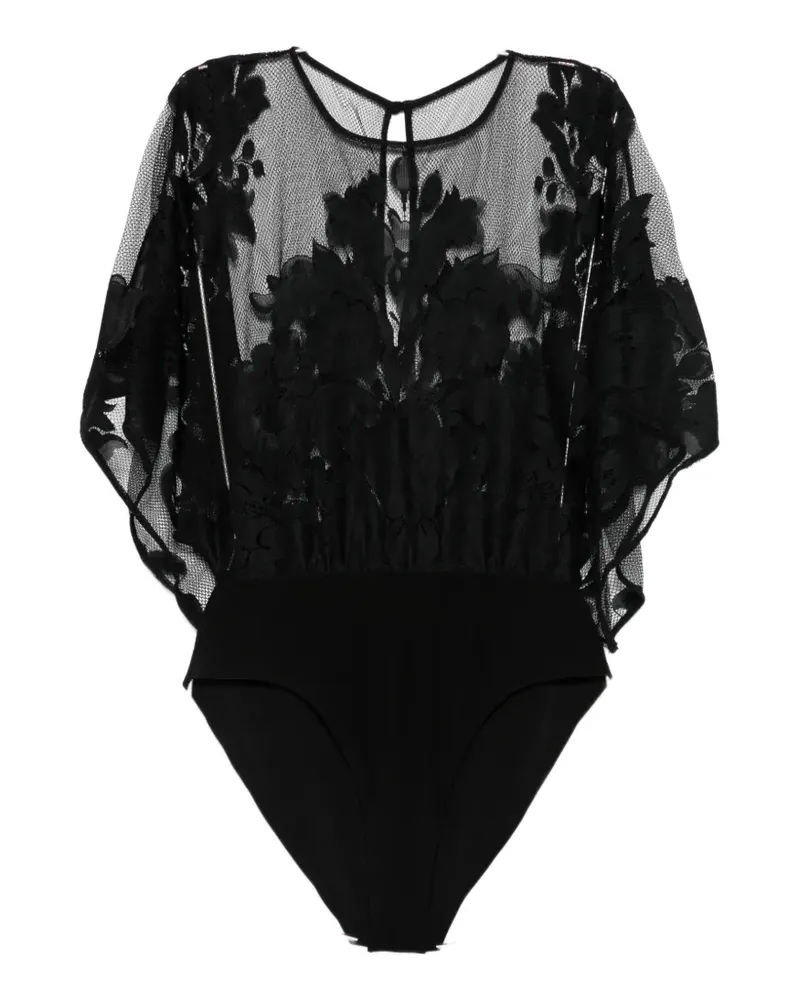Norma Kamali floral-lace draped-sleeve top - Schwarz Schwarz