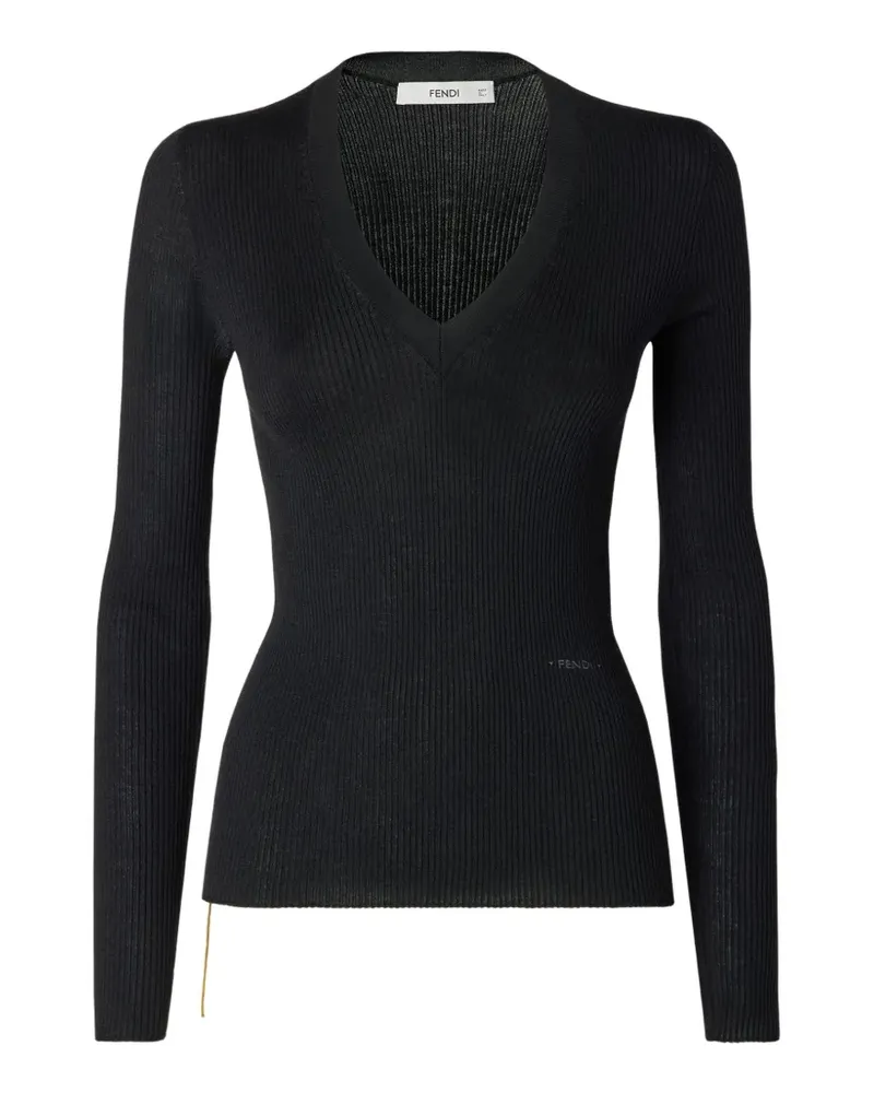 Fendi Gerippter Pullover mit V-Ausschnitt - Schwarz Schwarz