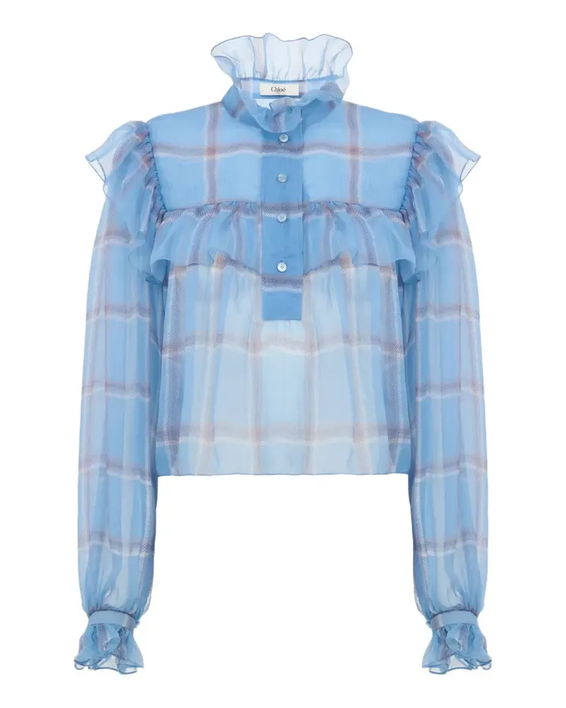 Chloé Gerüschtes Oberteil aus karierter Seidenmousseline - Blau Blau