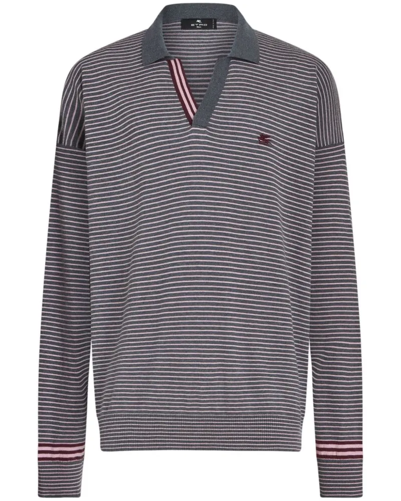 Etro Gestreiftes Poloshirt mit Logo-Stickerei - Grau Grau