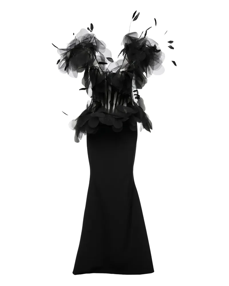Ana Radu Maxikleid mit Federn - Schwarz Schwarz