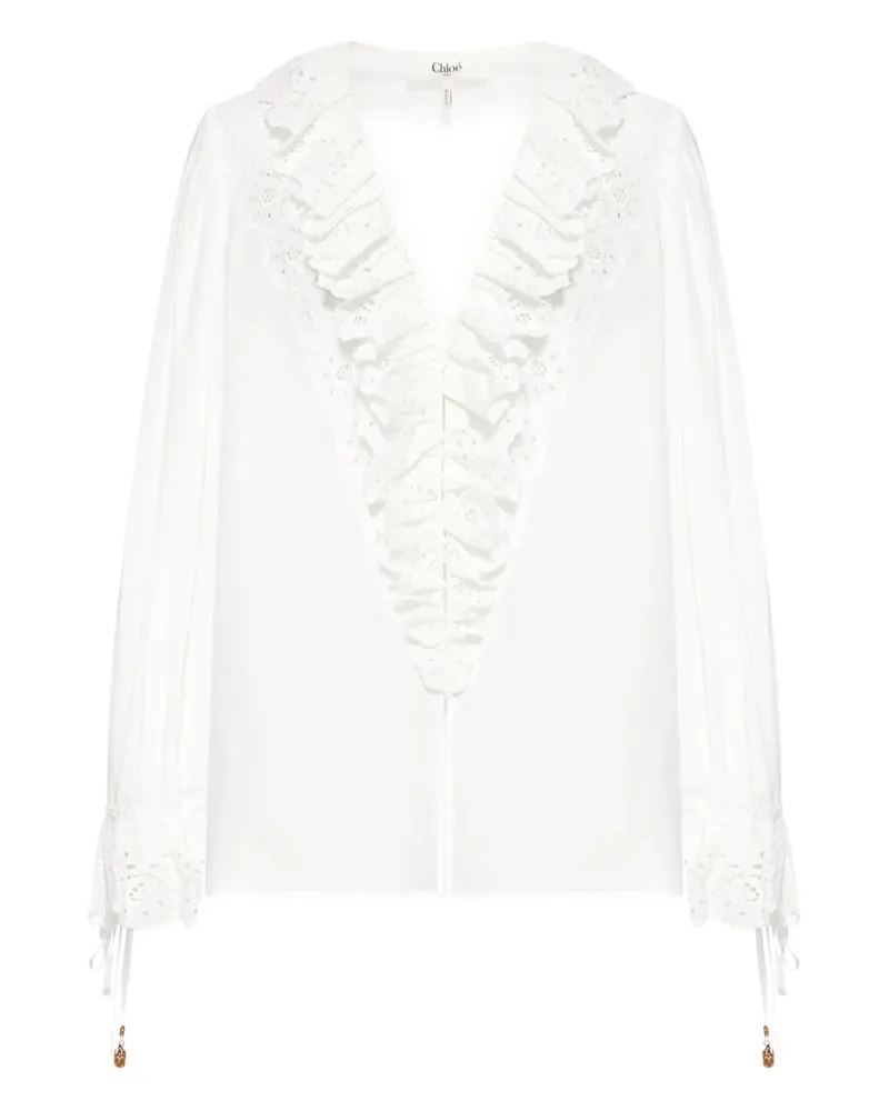 Chloé Gerüschte Bluse mit Lochstickerei - Weiß Weiß