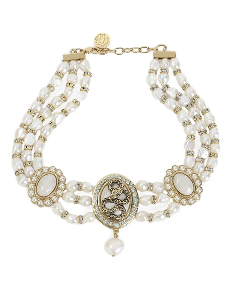 Roberto Cavalli pearl snake-charm necklace - Gold Gold