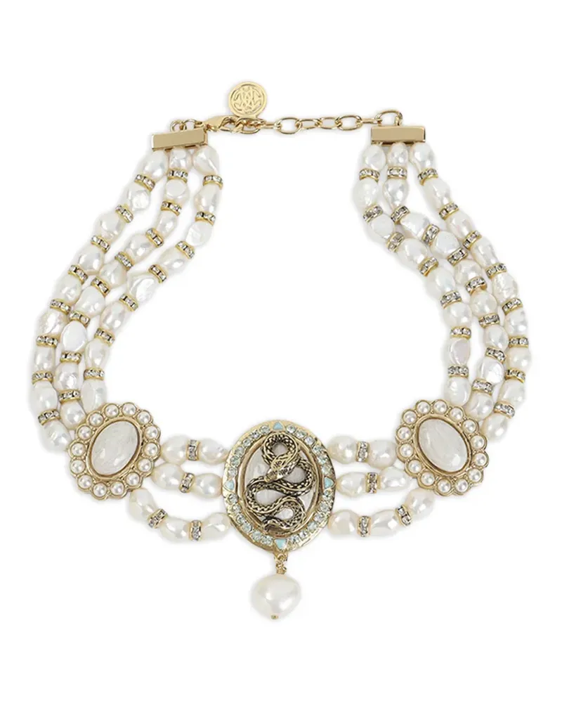 Roberto Cavalli pearl snake-charm necklace - Gold Gold