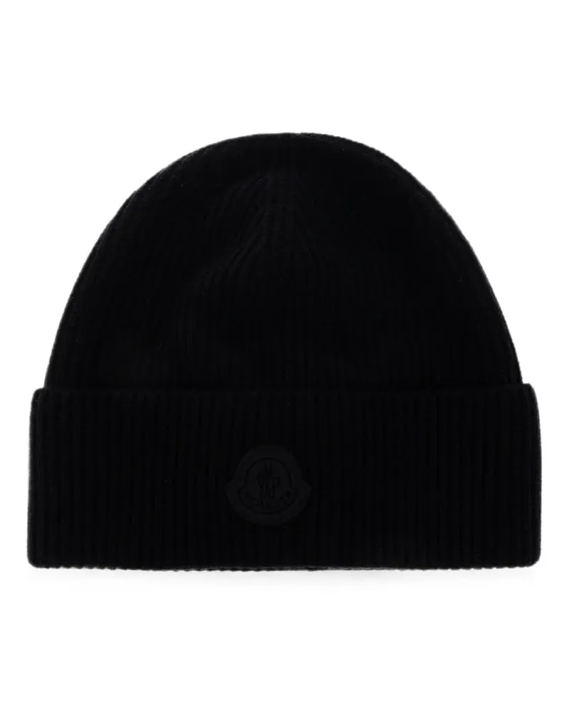 Moncler Gerippte Beanie mit Logo-Patch - Schwarz Schwarz