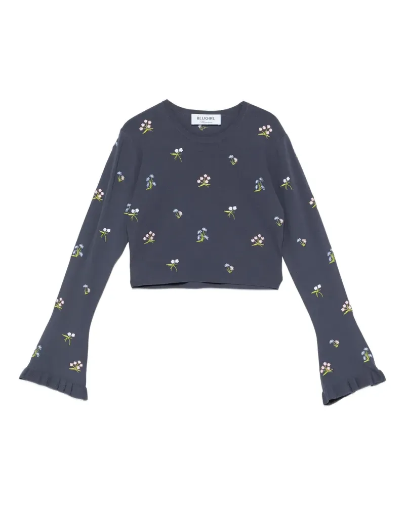Blumarine floral-embroidered ribbed top - Blau Blau