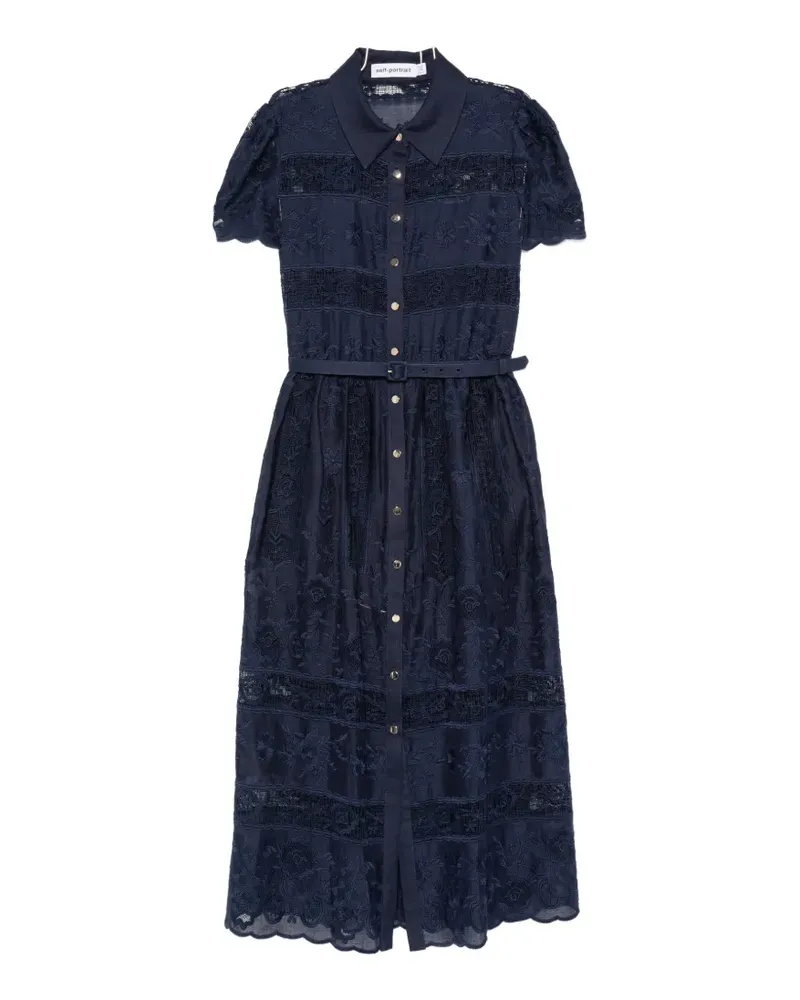 Self-Portrait embroidered belted midi dress - Blau Blau