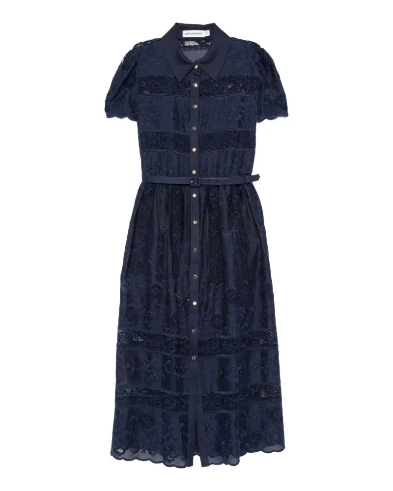 Self-Portrait embroidered belted midi dress - Blau Blau