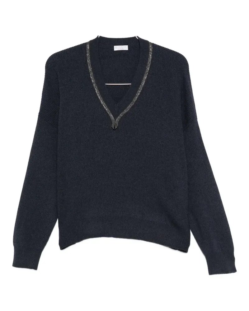 Brunello Cucinelli V-Ausschnitt-Kaschmirtop mit Monili-Detail - Blau Blau