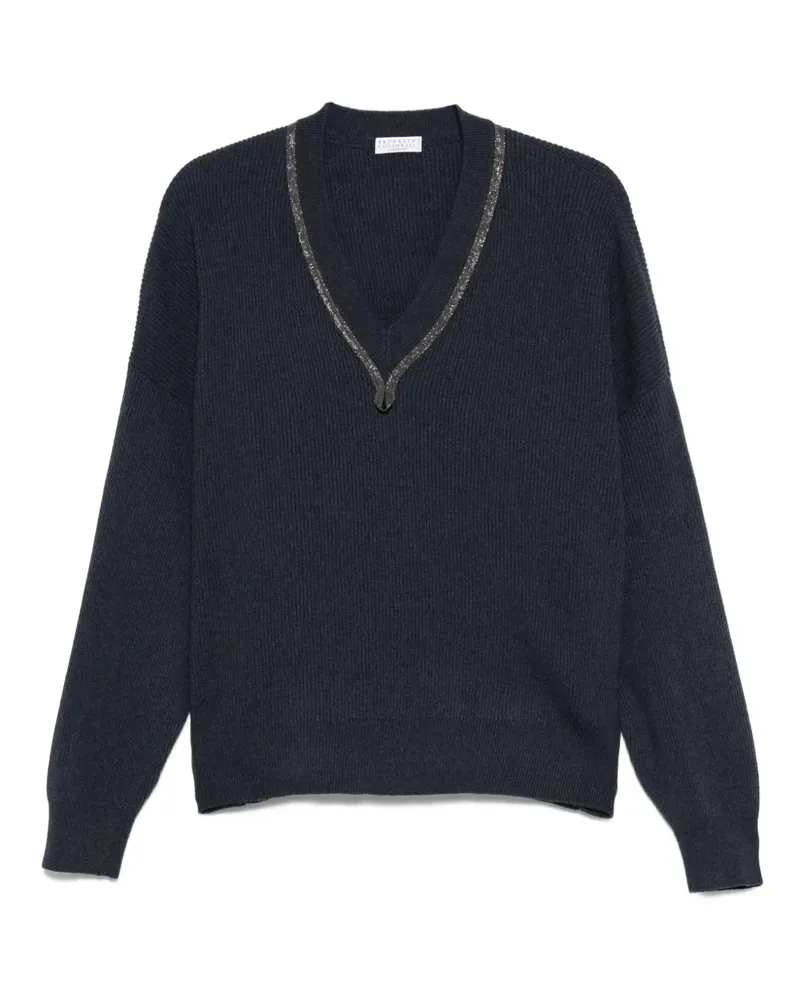 Brunello Cucinelli V-Ausschnitt-Kaschmirtop mit Monili-Detail - Blau Blau