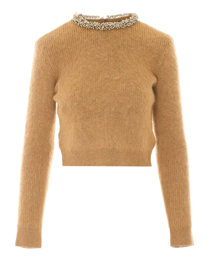 Self-Portrait beaded-trim knit sweater - Nude Nude