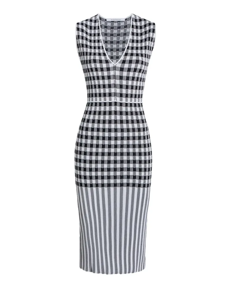 Another Tomorrow gingham-knit V-neck dress - Weiß Weiß