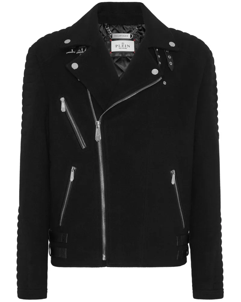Philipp Plein Gefütterte Bikerjacke mit Logo - Schwarz Schwarz