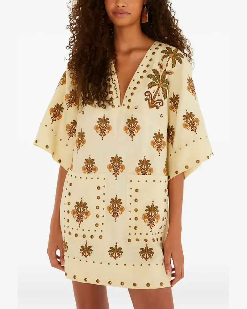 FARM Rio studded palm-print mini dress - Nude Nude