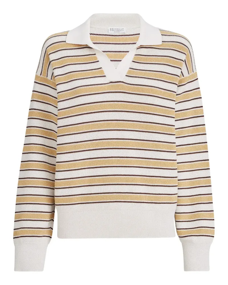 Brunello Cucinelli cotton knit polo with sparkling stripes - Nude Nude