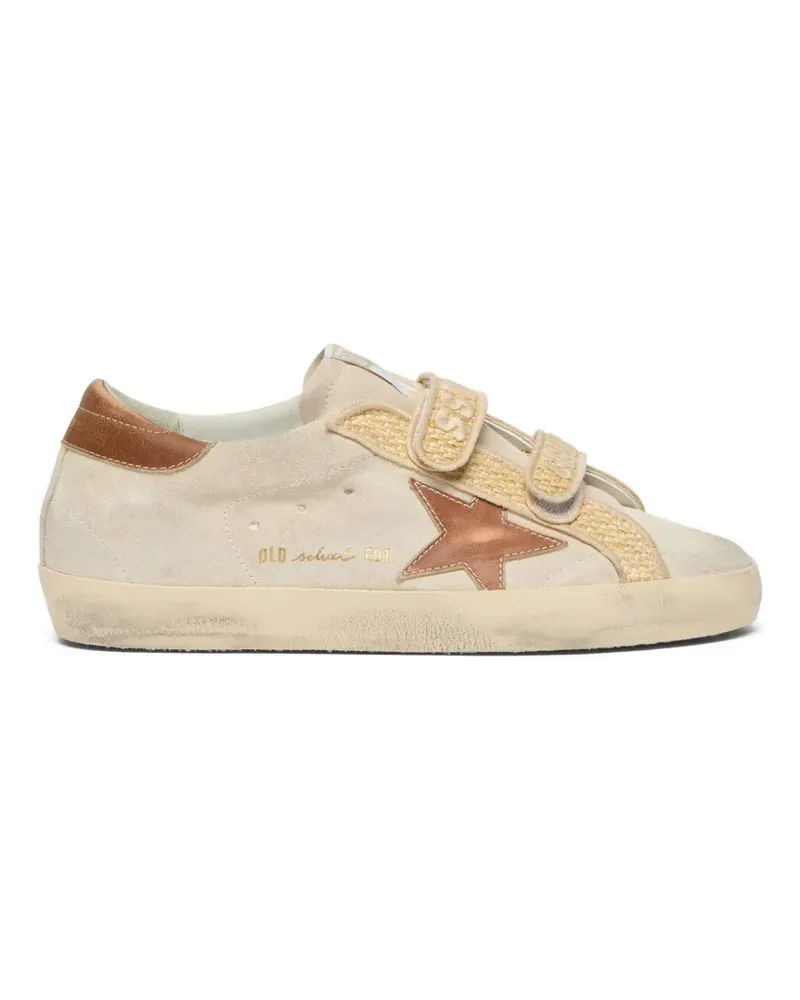Golden Goose Old School Sneakers aus Perlwildleder mit ziegelrotem Lederstern und Raffia-Riemen - Nude Nude