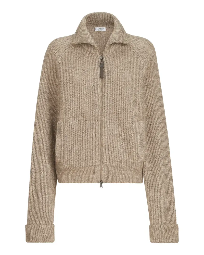 Brunello Cucinelli sparkling cashmere, mohair and wool ribbed cardigan with shiny zipper pull - Nude Nude
