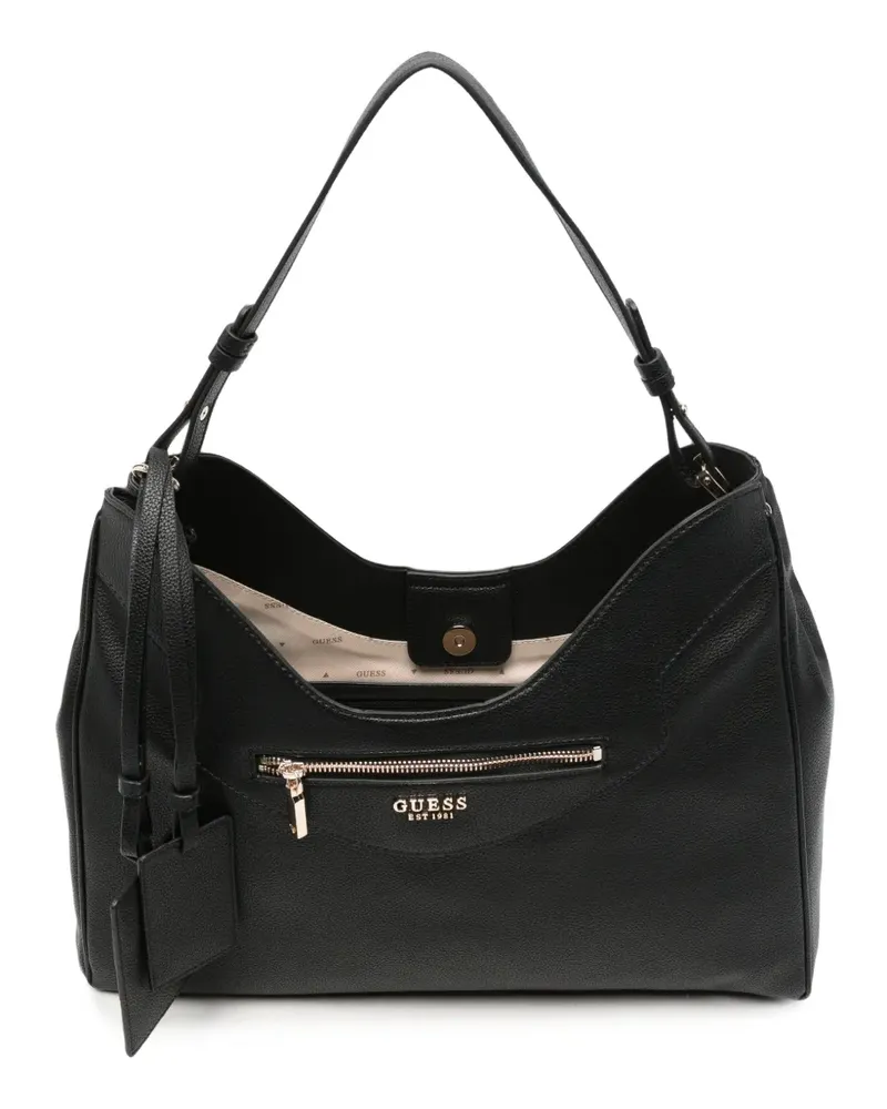 Guess Antonia Schultertasche aus gekörntem Leder mit Logo-Schild - Schwarz Schwarz