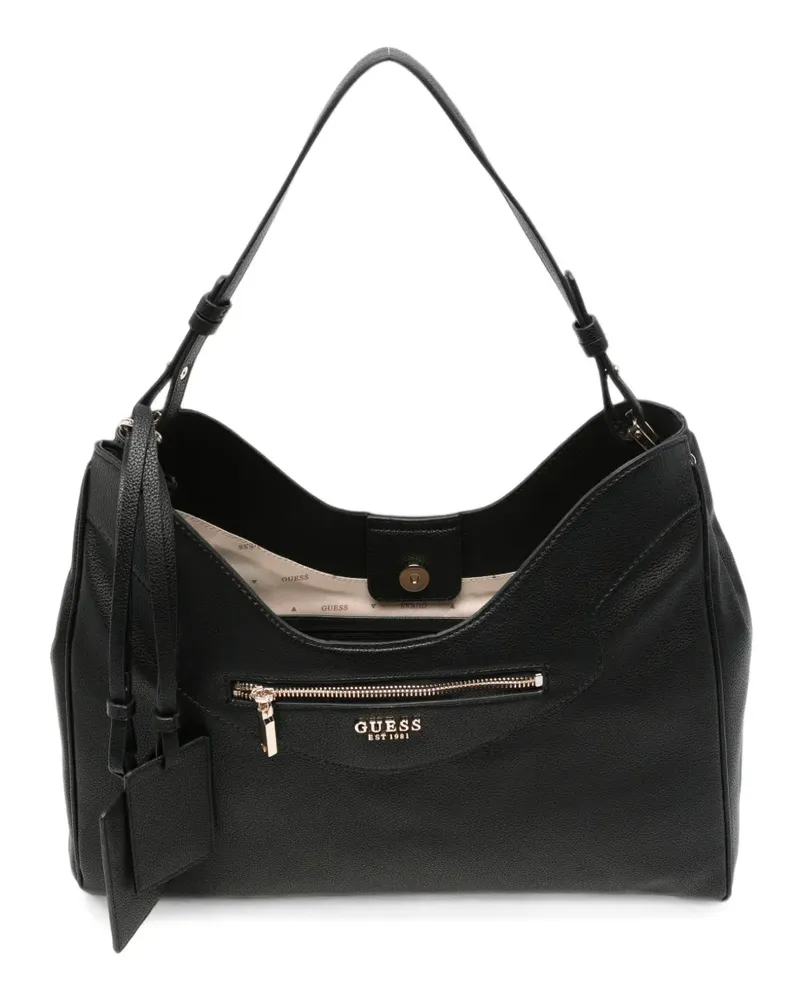 Guess Antonia Schultertasche aus gekörntem Leder mit Logo-Schild - Schwarz Schwarz