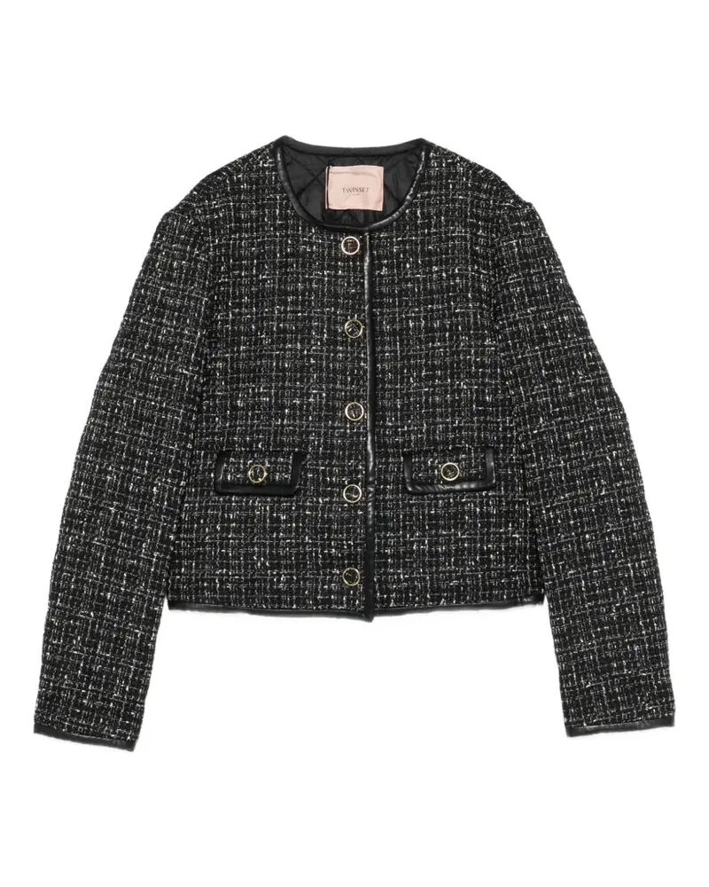 Twin-Set Bouclé-Jacke mit Lederbesatz - Schwarz Schwarz