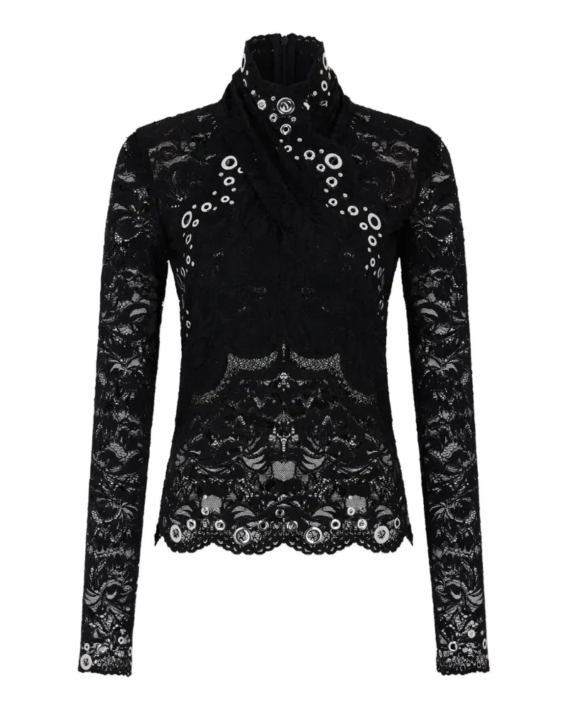 Paco Rabanne Langärmeliges Oberteil aus schwarzer Spitze im Layering-Look mit silbernen Ösen Schwarz