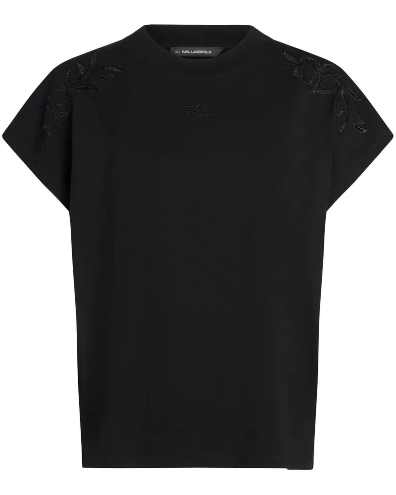 Karl Lagerfeld T-Shirt mit Orchideen-Stickerei - Schwarz Schwarz
