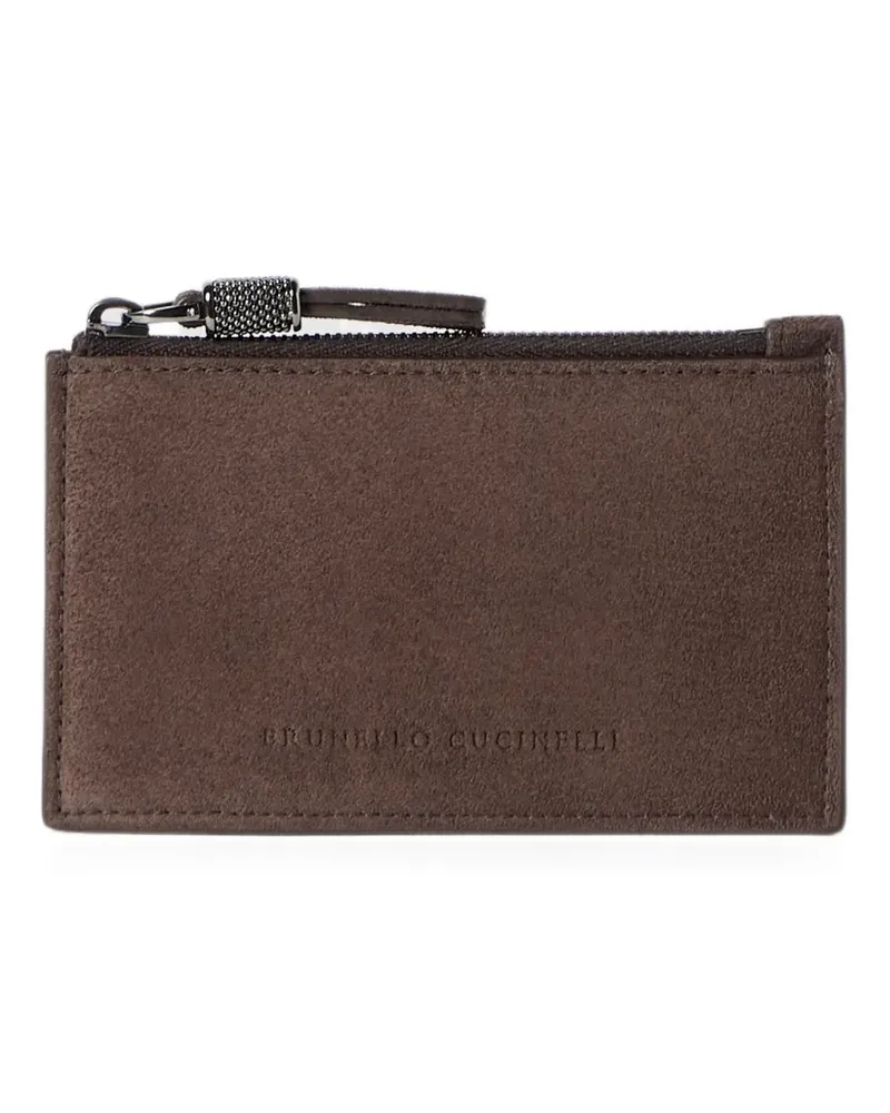 Brunello Cucinelli suede card case with shiny zipper pull - Braun Braun