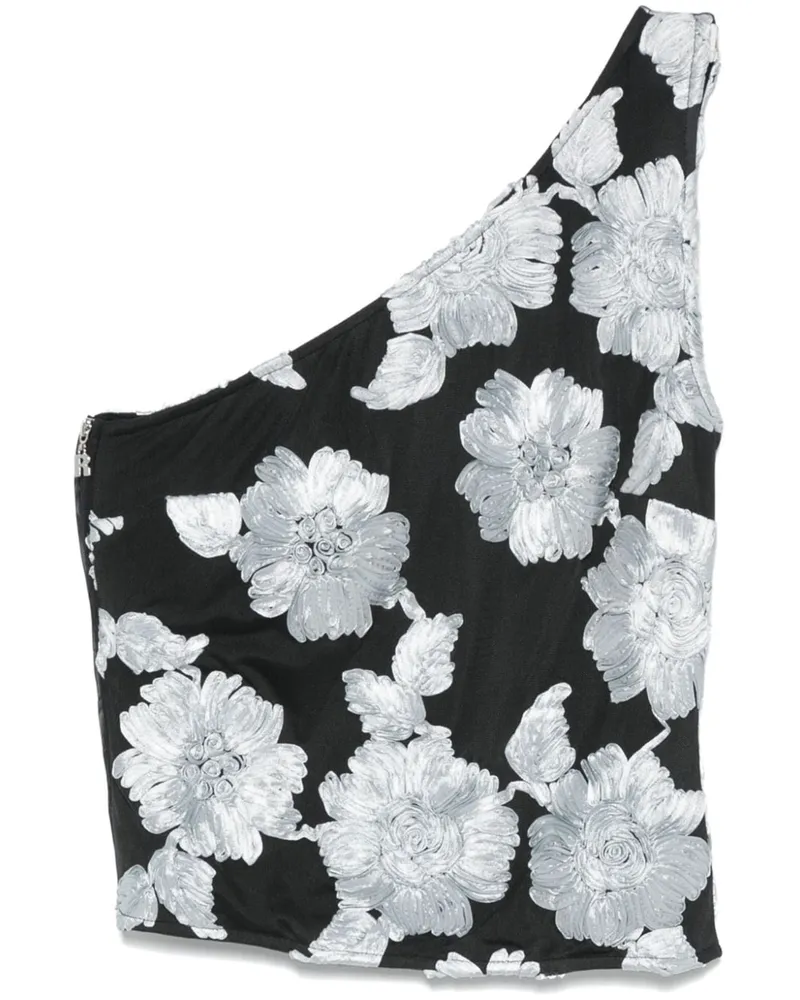 ROTATE Birger Christensen Oberteil aus Mesh mit Blumen - Schwarz Schwarz