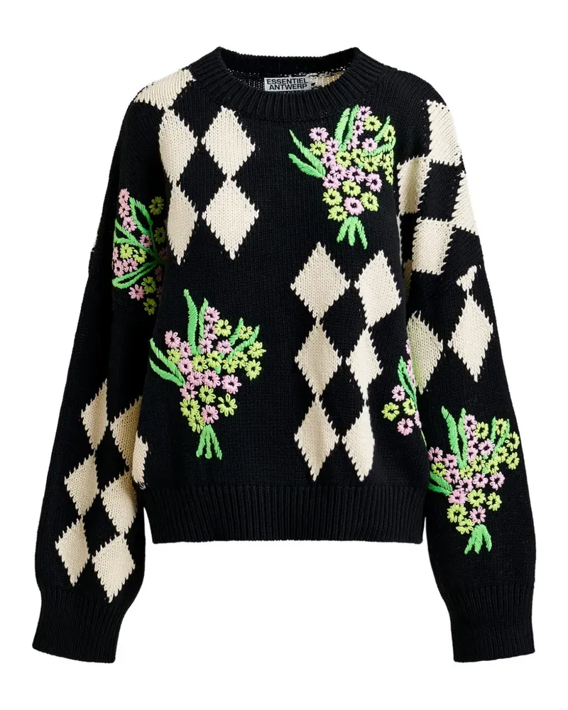 Essentiel Karierter Pullover mit Blumenverzierung - Schwarz Schwarz