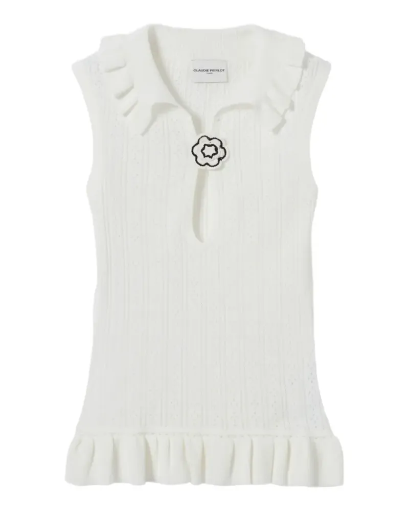 Claudie Pierlot ruffled pointelle-knit polo top - Weiß Weiß