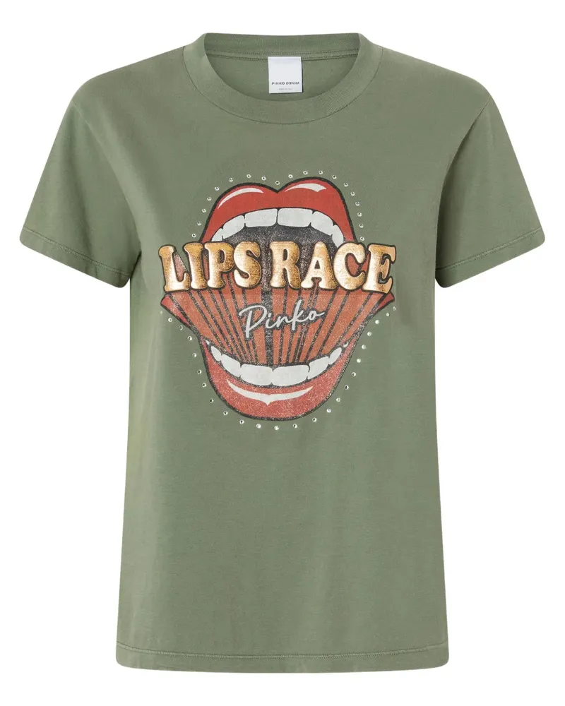 Pinko Lips Race T-Shirt mit Mund-Print - Grün Grün