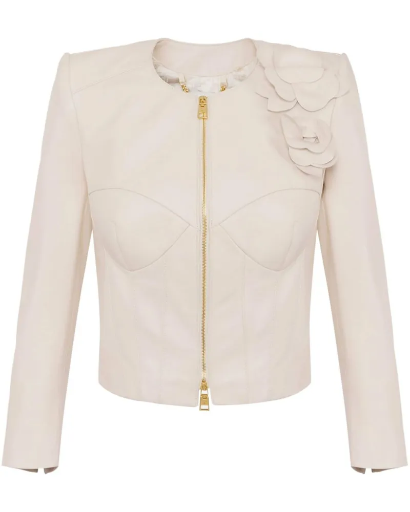 Elisabetta Franchi Lederjacke mit Blumenapplikationen - Nude Nude