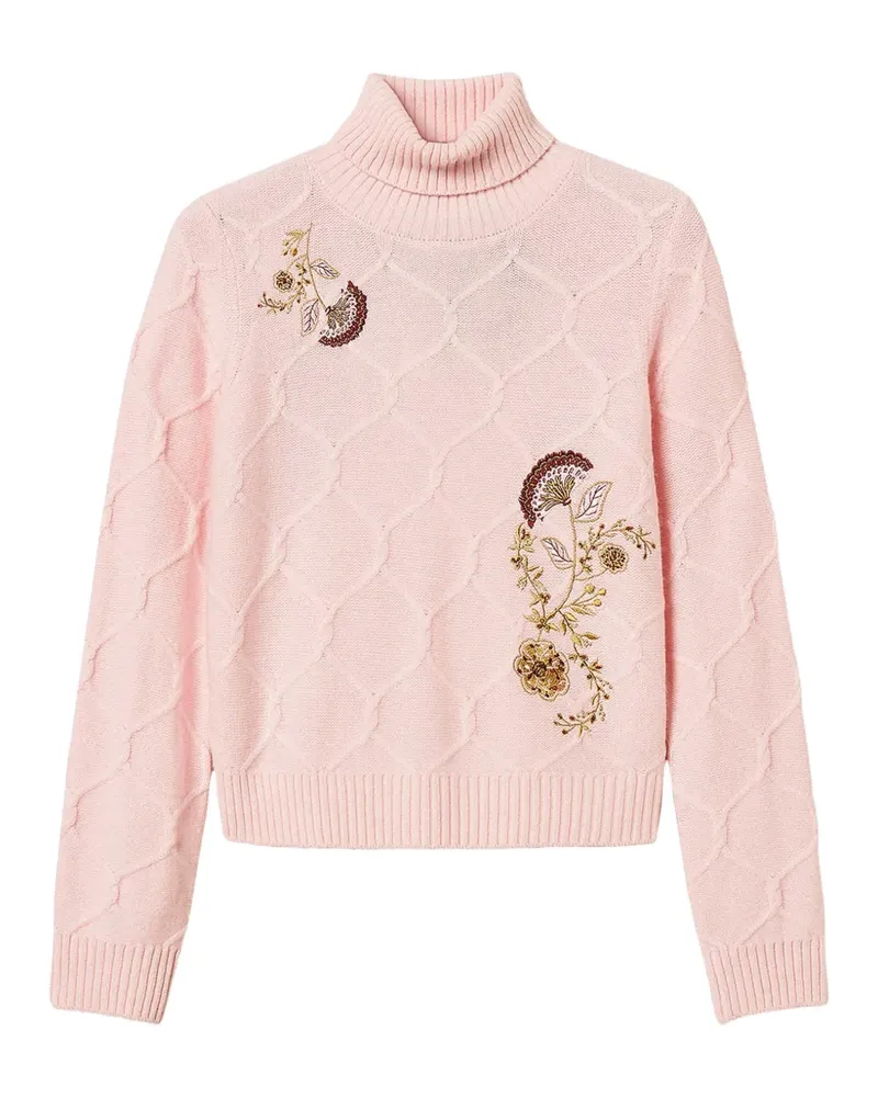 Twin-Set Rollkragenpullover aus Wolle mit Blumenstickerei - Rosa Rosa