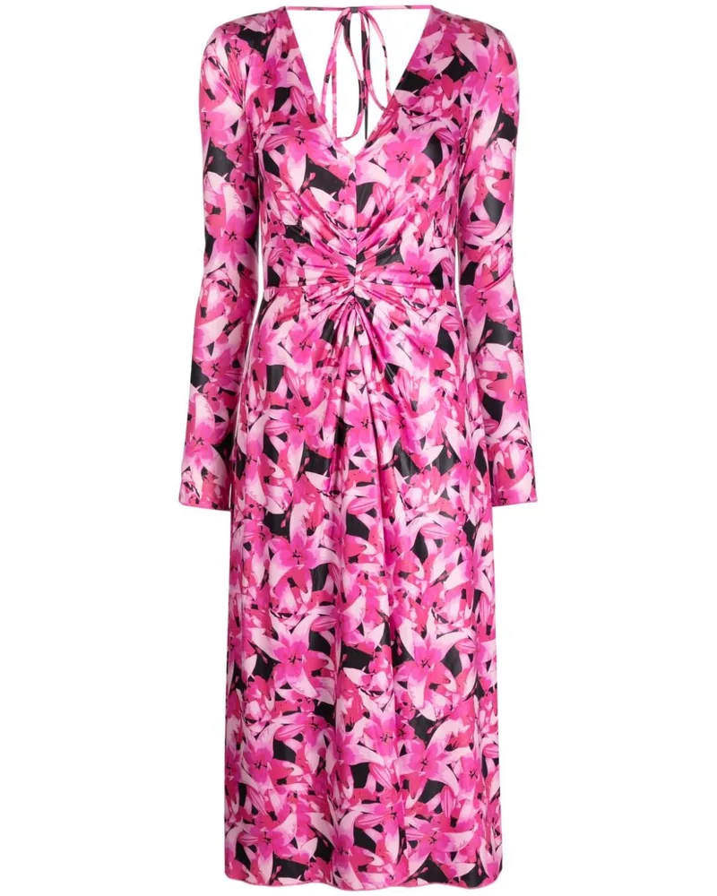 ROTATE Birger Christensen Gerafftes Midikleid mit Blumen-Print Rosa