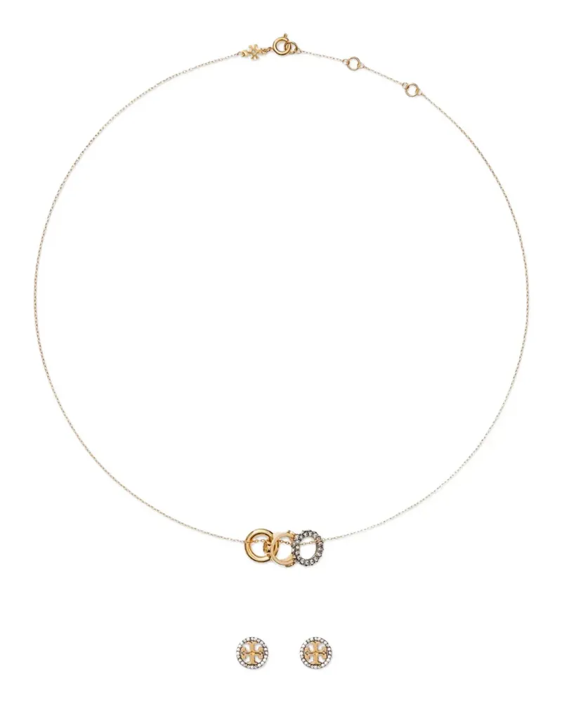 Tory Burch crystal-embellished logo-detail necklace and earrings set - Gold Gold
