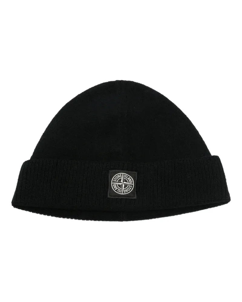 Stone Island Gerippte Beanie mit Logo-Patch - Schwarz Schwarz