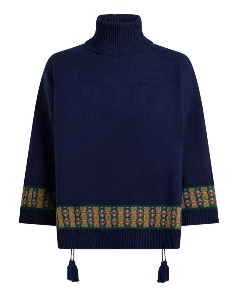 Etro wool-blend kimono sweater with tassels and geometric motif - Blau Blau