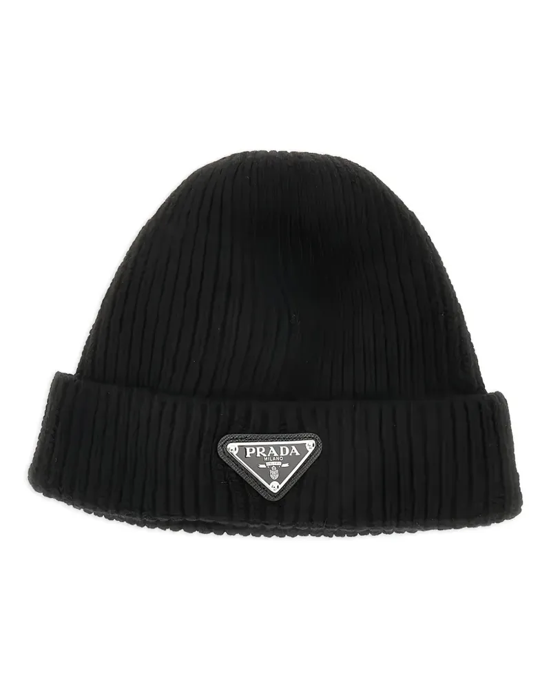 Prada Beanie mit Logo-Schild - Schwarz Schwarz