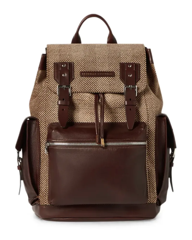Brunello Cucinelli burnished calfskin and chevron-effect techno fabric city backpack - Nude Nude