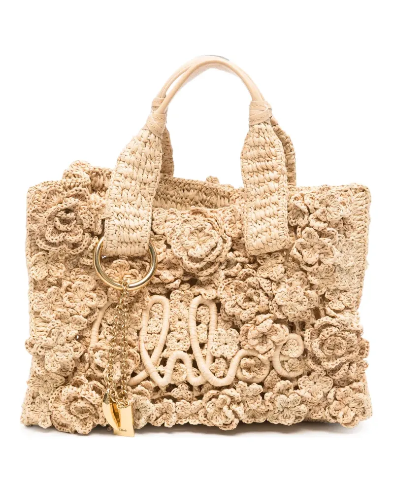Chloé Summer Banana floral-crochet raffia tote bag - Nude Nude