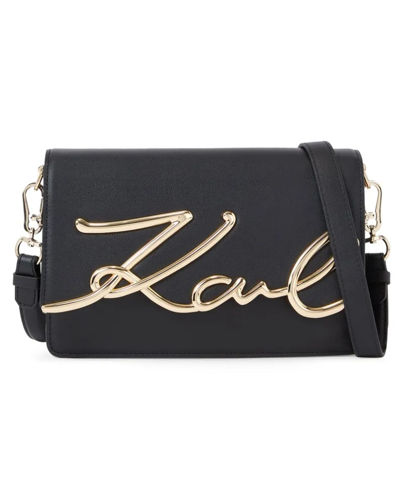 Karl Lagerfeld Mittelgroße Signature Schultertasche aus Leder - Schwarz Schwarz