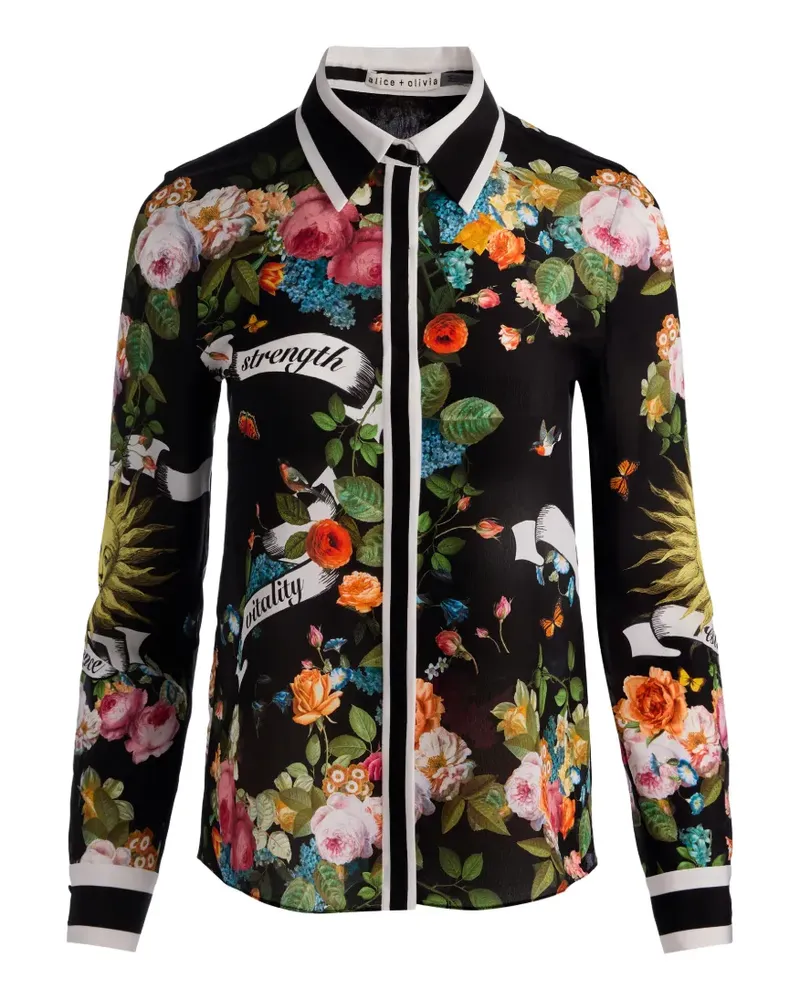 Alice + Olivia Seidenhemd mit Blumenkragen - Schwarz Schwarz